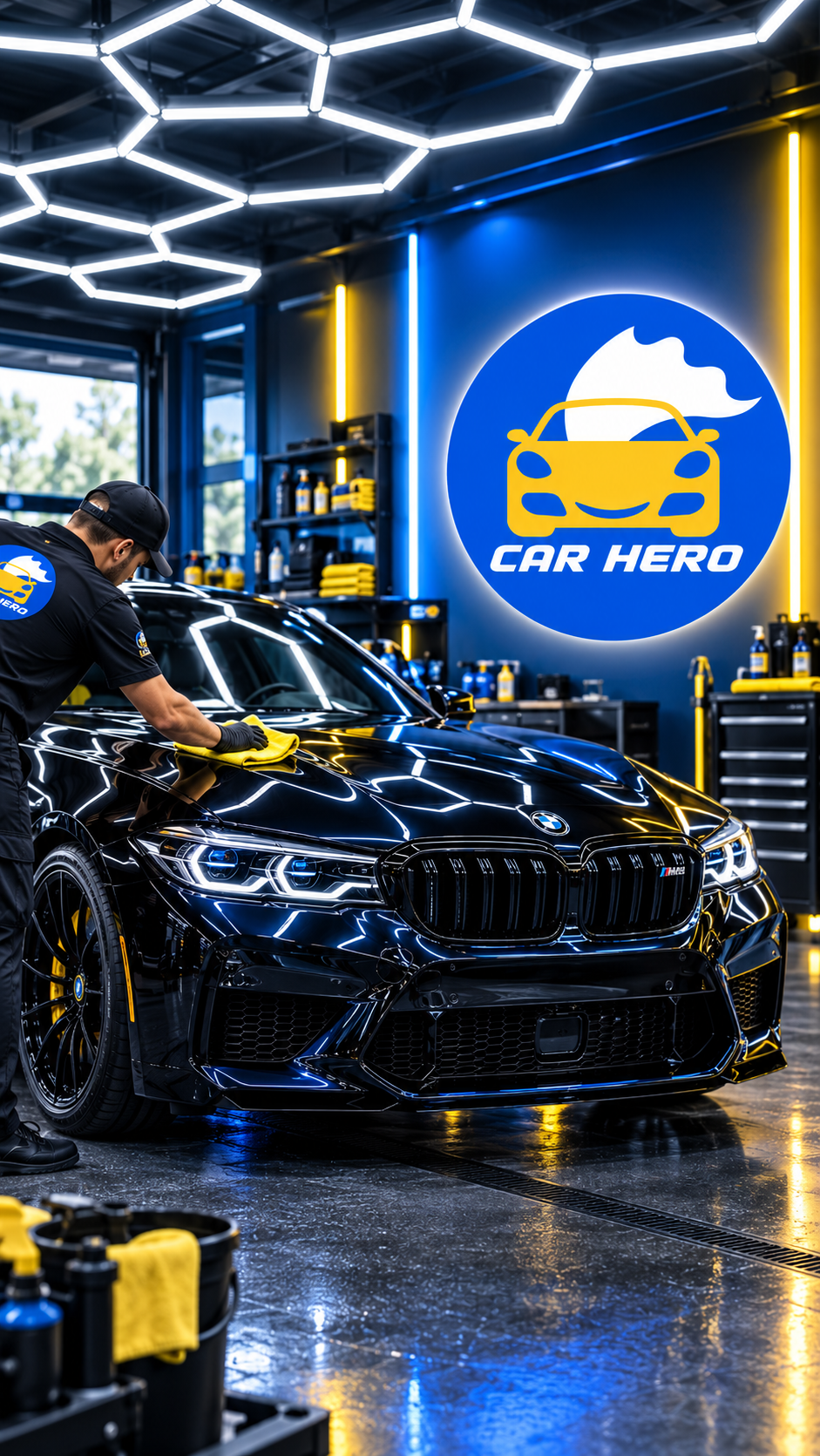 Car Hero detailer hand-polishing a glossy black BMW in front of the Car Hero logo wall