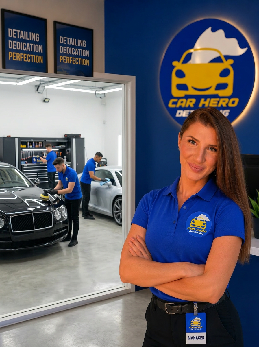 Car Hero detailer ceramic-coating a glossy black SUV with branded logo on the door